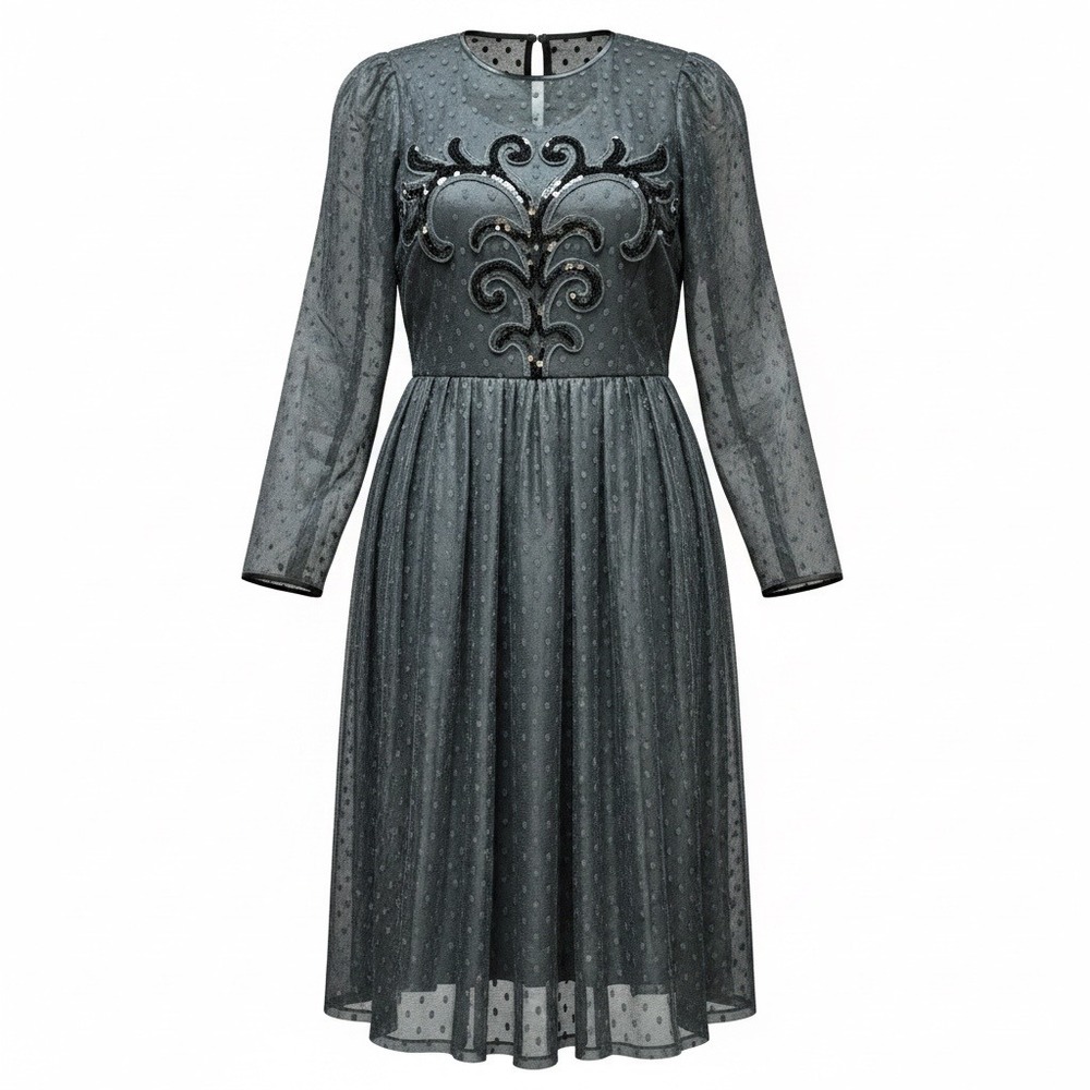 Nuit Midi Dress Womens S Black Swiss Dot Sequin Embroidered VTG Cocktail Goth